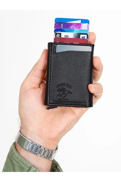 NEWISH POLO ACCESSORIES Μαύρος δερμάτινος μηχανισμός Αυτόματη θήκη κάρτας Slide Πορτοφόλι Rfid Protected Mechanism Aluminium (7CMX10CM)