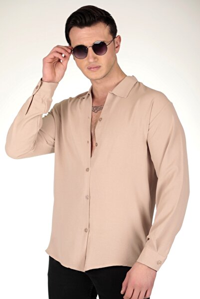 efraim giyim Erkek Dokulu Aerobin Bej Keten Oversize Gömlek