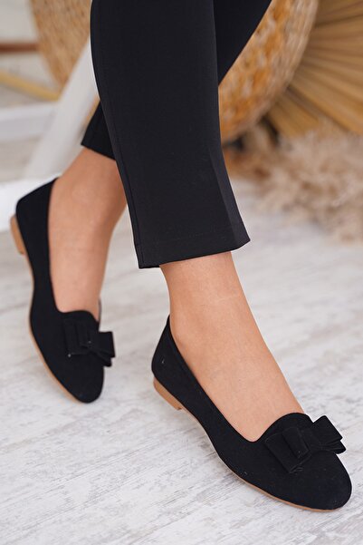 ALMİNA Shoes Bow Tie Detailed Black Suede Ballerinas