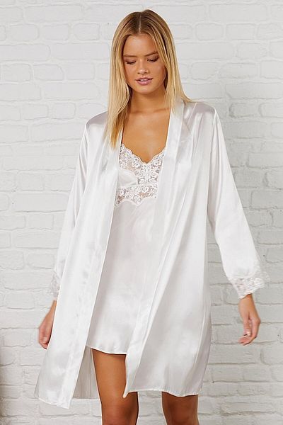 AYYILDIZ 3978 Ecru Satin Nachthemd Morgenmantel Set