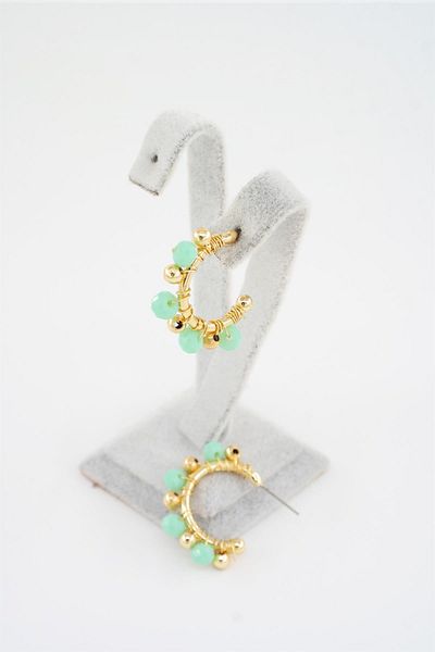 By Zeyna Aksesuar Women's Special Design Water Green Crystal Stone and Beaded 3 Cm Hoop Earrings
