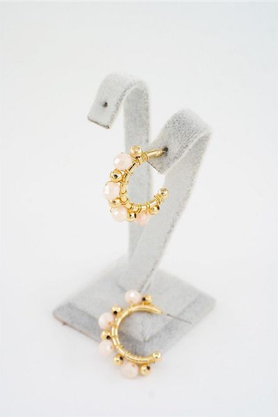 By Zeyna Aksesuar Women's Special Design Powder Pink Crystal Stone and Beaded 3 Cm Hoop Earrings