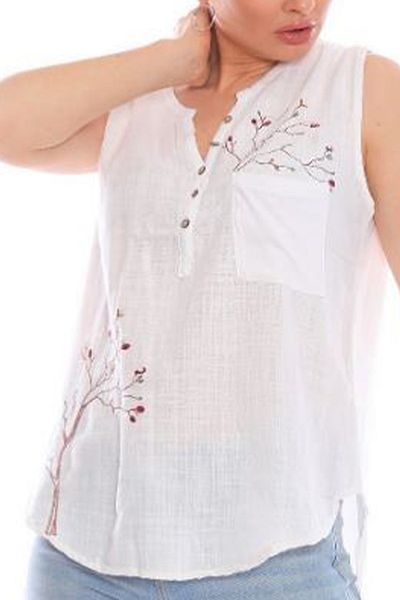 AYASOFYA OTANTIK Women's White Tree Embroidered Button Detailed Sleeveless Blouse