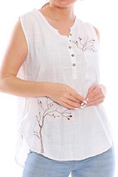 AYASOFYA OTANTIK Women's White Tree Embroidered Button Detailed Sleeveless Blouse