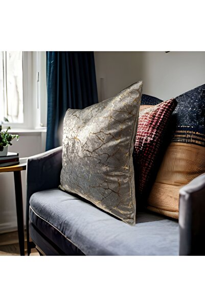 ŞENER HOME غطاء وسادة مزخرف مزدوج الاتجاه مطلي بالذهب المخملي - رمادي