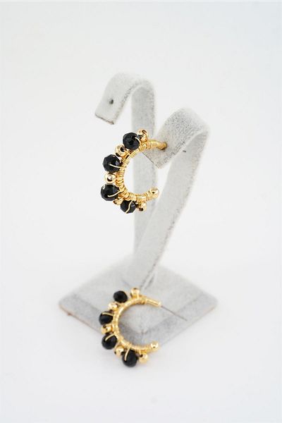By Zeyna Aksesuar Women's Special Design Black Crystal Stone and Beaded 3 Cm Hoop Earrings