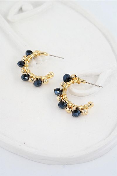 By Zeyna Aksesuar Women's Special Design Dark Navy Blue Crystal Stone and Beaded 3 Cm Hoop Earrings