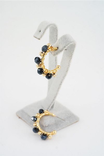 By Zeyna Aksesuar Women's Special Design Dark Navy Blue Crystal Stone and Beaded 3 Cm Hoop Earrings