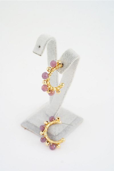 By Zeyna Aksesuar Women's Special Design Fuchsia Crystal Stone and Beaded 3 Cm Hoop Earrings