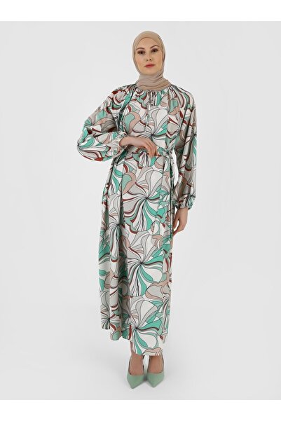 Refka Floral Patterned Casual Hijab Dress - Ecru Green - Woman