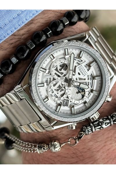 MICHAEL TOMMY Brand 3 Atm Silver Color Steel Cord Luxury Men's Wristwatch Bracelet, Rosary