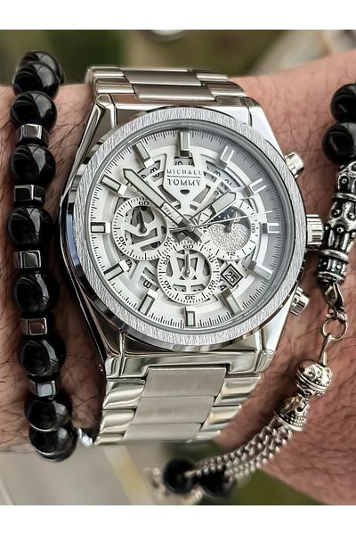 MICHAEL TOMMY Brand 3 Atm Silver Color Steel Cord Luxury Men's Wristwatch Bracelet, Rosary