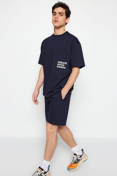 Trendyol Collection Navy Blue Comfortable Cut Text σετ φόρμας από βαμβακερή φόρμα - TMNSS23EM00001