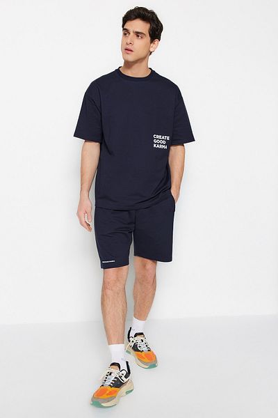 Trendyol Collection Navy Blue Comfortable Cut Text σετ φόρμας από βαμβακερή φόρμα - TMNSS23EM00001