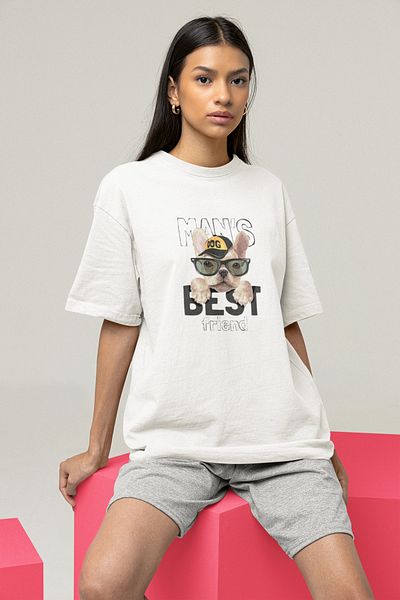 Serbella French Bulldog Best Friends Printed Oversize White Tshirt