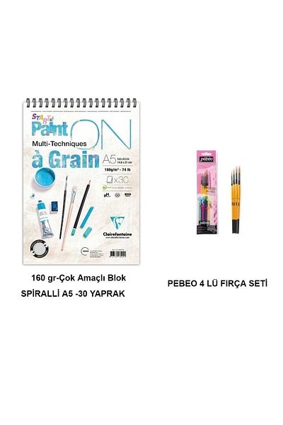Clairefontaine Bloc de desen pe granulat A5 160gr 30 coli și set de pensule Pebeo 4 buc.