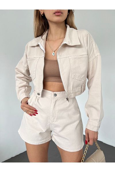 Fav Style Γυναικείο τζιν μπουφάν με διπλό φερμουάρ Crop, μπεζ