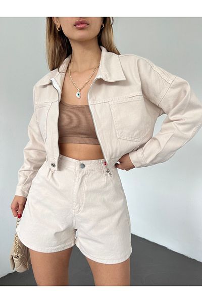 Fav Style Γυναικείο τζιν μπουφάν με διπλό φερμουάρ Crop, μπεζ