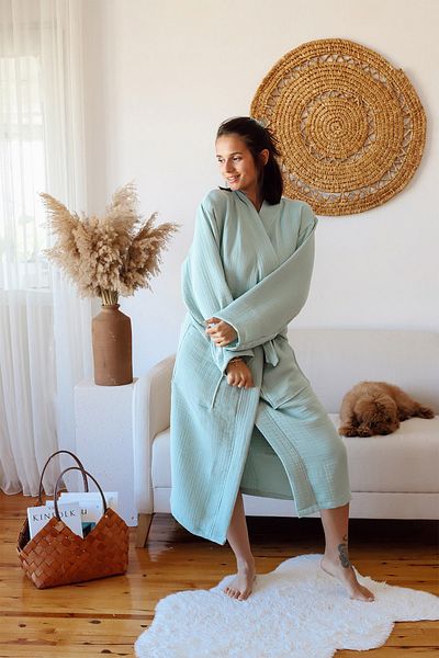 vivamaison Halat de baie kimono pentru adulți, 100% bumbac, 4 straturi, muselină multiplă, verde salvie
