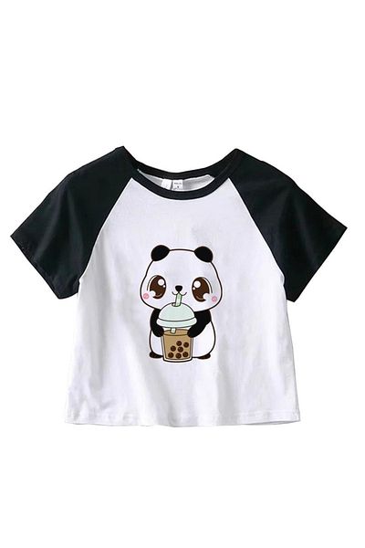 Touz Eysa Pretty Panda Printed Raglan Maneci Cultură Albă