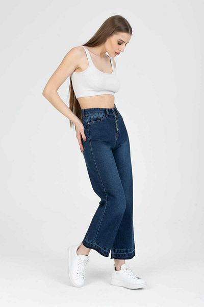 SHEVEGA Women's Navy Blue Button Leg Detailed Flare Jeans Wide Leg Jeans Wide Leg Jeans