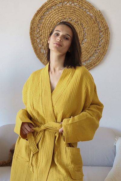 vivamaison Halat de baie kimono pentru adulți, 100% bumbac, 4 straturi, muștar multiplă