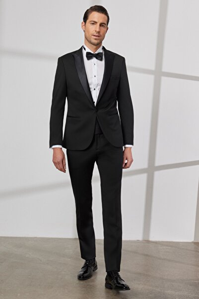 ALTINYILDIZ CLASSICS Men's Black Slim Fit Narrow Cut Mono Collar Patterned Classic Tuxedo Suit