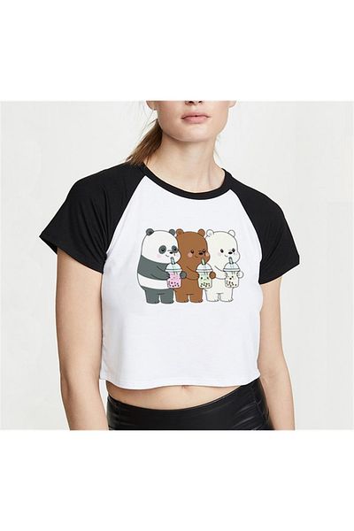 Touz We Bare Bears Printed Raglan Sleeve White Crop