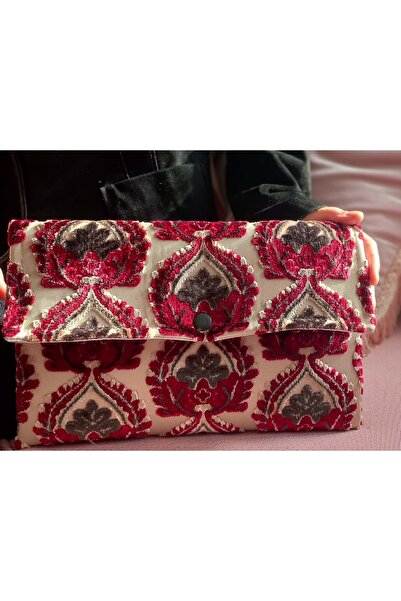 Ser'Amore Clutch Çanta Lüks Marka Kadın Çantaları- Kadife Bordo El Çantası Bölmeli Model