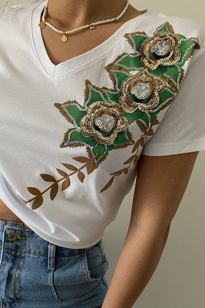 FEMELLE Tricou alb pentru femei, cu decolteu în V, brodat cu paiete, 100% bumbac
