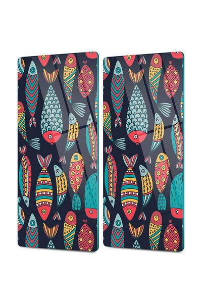 Decovetro Set of 2 Glass Coffee Tableware Presentation Table - Line and Fish Pattern