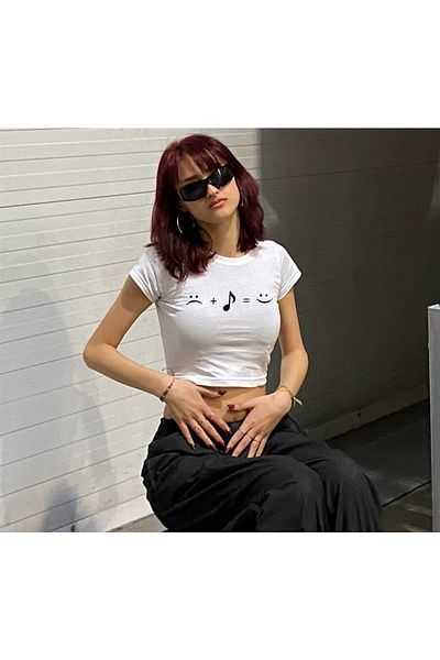 Touz Music Equals Happiniess Printed White Crop