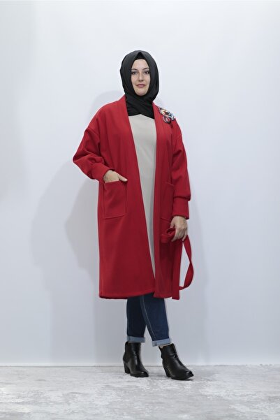 Zey&Ka Butik Büyük Beden Pul Aksesuar Safir Kaşe Kemerli Kaban Ceket