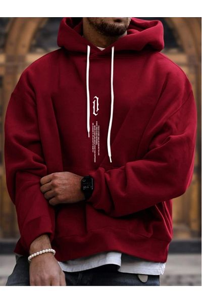 MOONBULL Oversize Claret Red Vertical Printed Hooded Sweatshirt