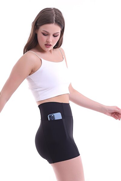 winmoda Women's Pocket Tights Shorts Black Color Corset Fabric Firming Shorts Tights /sports Tights Shorts