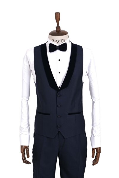 ZAYFA Lacivert Slim Fit Armürlü Kadife Yaka Yelekli Smokin Damatlık