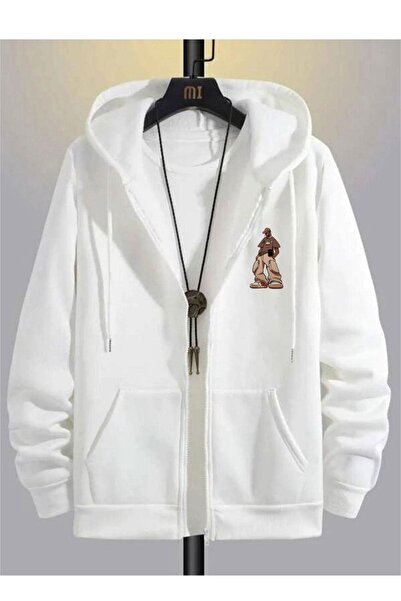 Altamira Unisex White Cartoon Printed Seasonal Oversize Hooded Cardigan