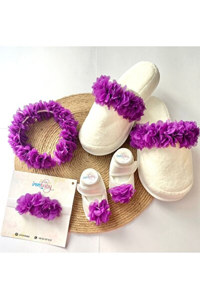 irembaby Anne Bebek Lohusa Seti Mor Çiçekli Lohusa Tacı Terlik Bebek Ayakkabı...