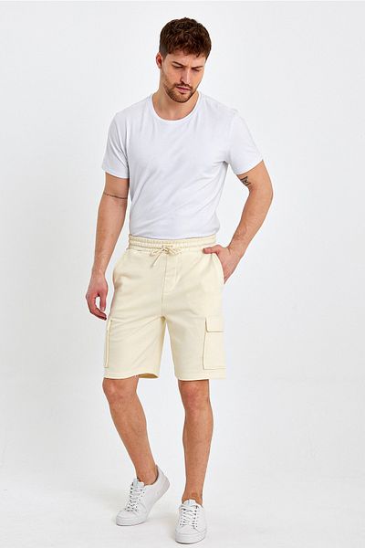 ENQUE Men's Classic Cargo Multi-Pocket Elastic Plain Ecru Shorts
