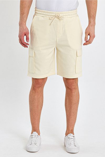 ENQUE Men's Classic Cargo Multi-Pocket Elastic Plain Ecru Shorts