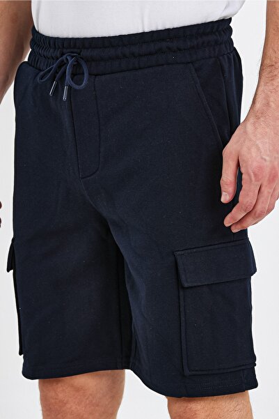 ENQUE Erkek Klasik Kargo Çok Cepli Lastikli Düz Lacivert Şort