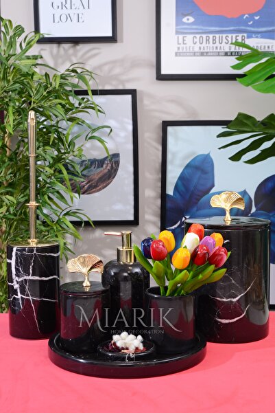 MIARIK DESIGN & DEKORASYON Dekoratif Mermer Gold Gınko Cıcek Detaylı 7 Li Ban...