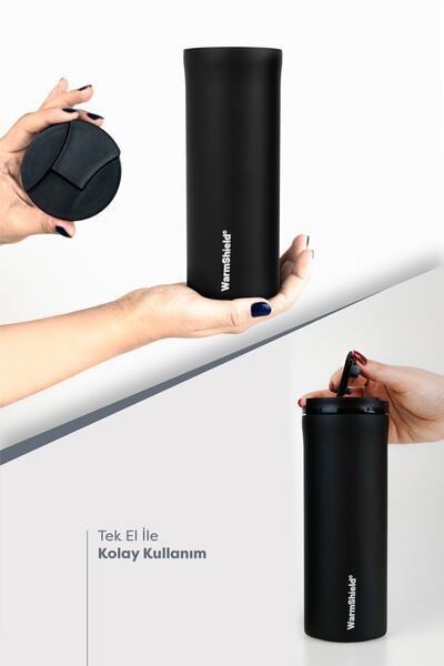 WarmShield Mat Siyah Çift Katmanlı Paslanmaz Çelik Termos Bardak 400 ml ( Kahve Çay Termosu )