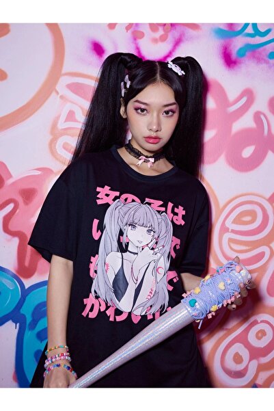 Machetta Чорна унісекс-футболка великого розміру з принтом аніме-персонажа