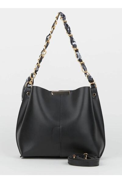 MADAM Eșarfă neagră și accesoriu cu lanț pentru femei Geantă de mână și geant...