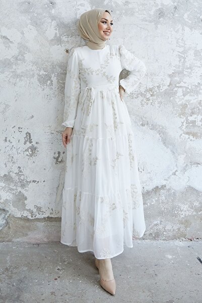 InStyle Miles Leaf Embroidered Chiffon Dress - White