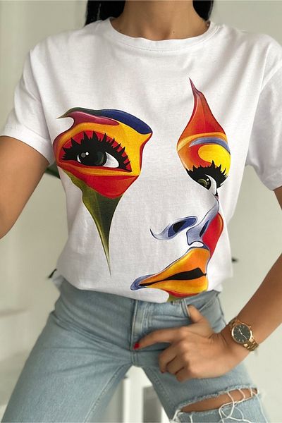 FEMELLE Tricou alb din bumbac 100% imprimat nou sezon pentru femei