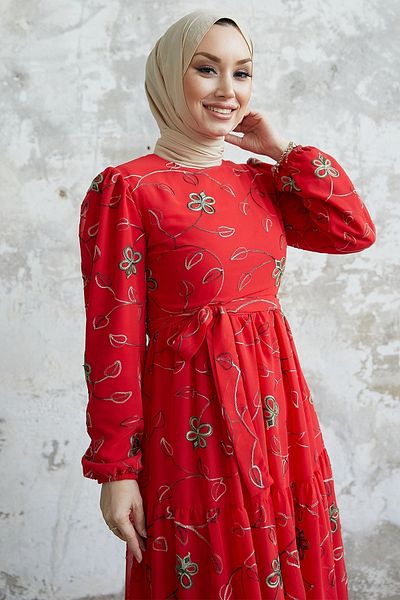 InStyle Φόρεμα Merlin Floral Κεντητό Σιφόν - Κόκκινο