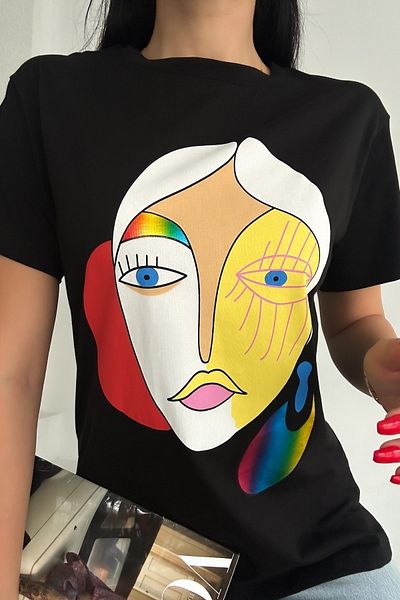 FEMELLE Tricou negru pentru femei, 100% bumbac, cu hologramă de sezon nou