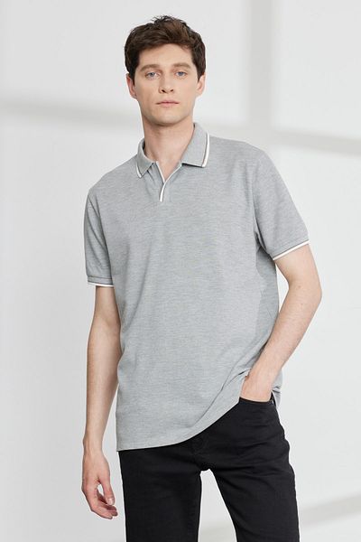 ALTINYILDIZ CLASSICS Pánské šedé tričko Melange Slim Fit úzkého střihu s polo výstřihem 100% bavlna s krátkým rukávem